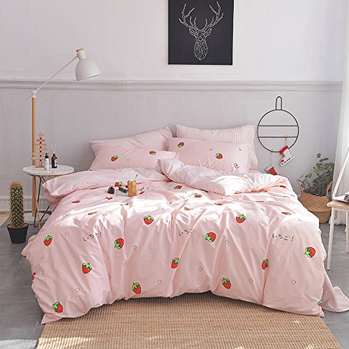 【中古】【未使用・未開封品】(Full/Queen, Strawberry-b) - Enjoylife 100% Coton Bedding Bedroom 3 pcs Sets with 2 Envelope Pillowcase, Soft Duvet Cover for Kids/Teen画像
