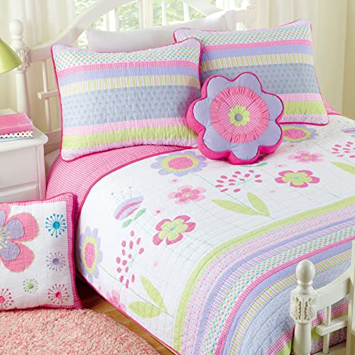 【中古】【未使用・未開封品】Cozy Line Home Fashions ピンク ラベンダー グリーン 花柄 女の子 100%コットン リバーシブル キルト 寝具セット ベッドカバー ベッドカバー ベ