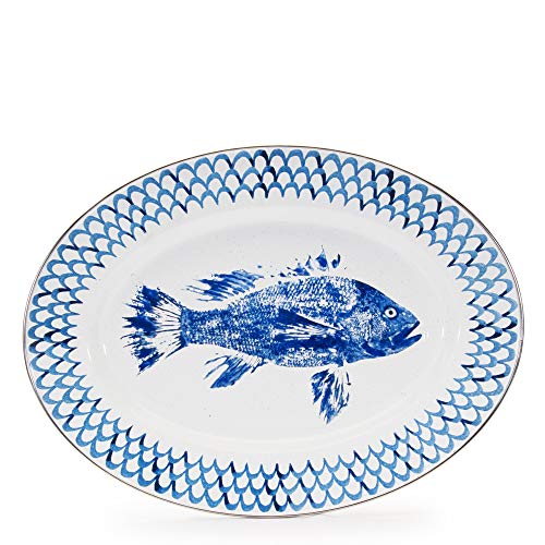 【中古】【未使用・未開封品】ゴールデンラビットエナメルウェア - フィッシュキャンプパターン - 12 x 16 オーバル大皿