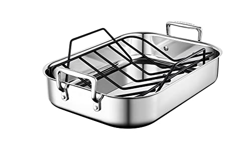 【中古】【未使用・未開封品】Le Creuset ステンレススチールローストパン ノンスティックラック付き 14インチ x 10インチ