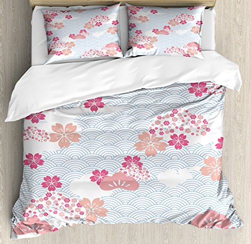 【中古】【未当て嵌める・未開封品】Japanese布団押しかぶせる仕掛けるby Ambesonne、Squama行動様式with Cherry Blossom Land of the Rising Sun行動様式、かざり付ける寝具仕掛けるwithピロー、ピー