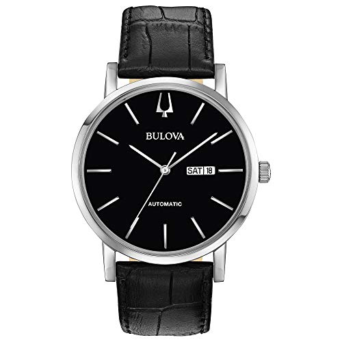 【中古】【未使用・未開封品】Bulova クラシックな自動ステンレススチール、ブラックレザーストラップ、シルバートーン（モデル：96C131） ブラックダイヤル/ブラックストラッ｜AJIMURA-SHOP