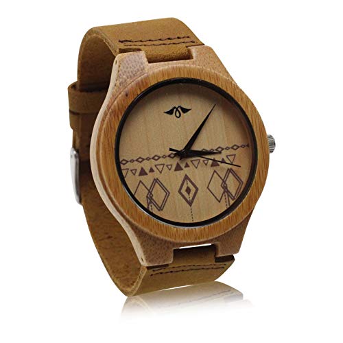 【中古】【未当て嵌める・未開封品】竹木製ウオッチand黒いこと手。Engraved Aztec Pattern On Bamboo Dial with No目じるし。 Women