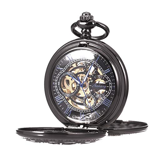 【中古】【未使用・未開封品】SIBOSUN 懐中時計 スケルトン 機械式 ダブルケース 手巻き ローマ数字 アンティークチェーン メンズ, 3 ブラック ブルー, 機械式。