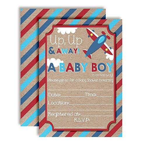 【中古】【未使用・未開封品】Up & Away飛行機ベビーシャワー招待状for Boys , Ten 5?\