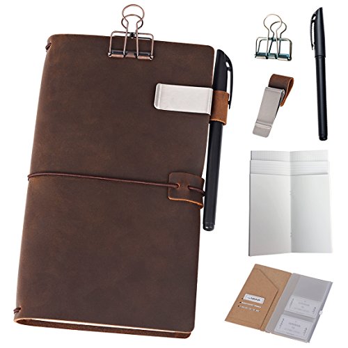 【中古】【未使用・未開封品】newestor 詰め替え可能 レザージャーナル トラベラーズノートブック - 8.5 x 4.5 トラベルダイアリー インサート5個+ペンホルダーとバインダーク