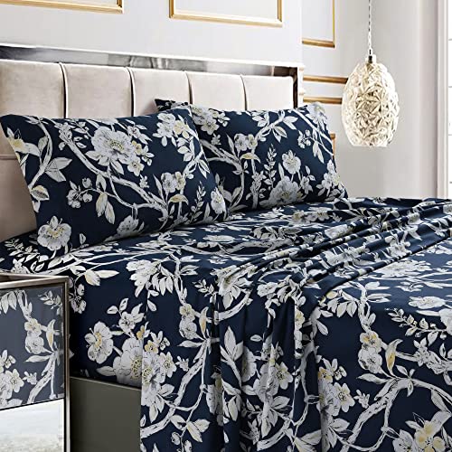【中古】【未当て嵌める・未開封品】Tribeca Living キングベッドシーツセット ソフトコットンサテンプリントシーツ 花柄刷り上げる エクストラディープポケット 300スレッドカウント