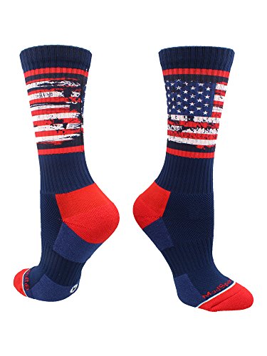 【中古】【未当て嵌める・未開封品】(Large, Navy/Red/White) - MadSportsStuff Distressed USA Flag Patriotic Athletic Crew Socks