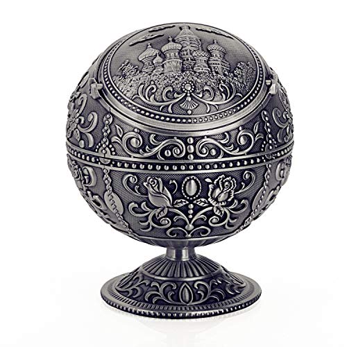 【中古】【未使用・未開封品】(Tin Color With Castle) - LAUYOO Vintage Ashtray with Lid for Cigarettes Metal Portable Ashtray for Outdoors Indoors Hand Stamped Windp