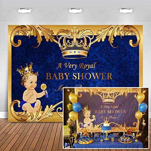 【中古】【未使用・未開封品】mehofoto Royal Princeベビーシャワーバックドロップゴールドクラウンパール小さな男の子写真背景7?x 5ftビニールロイヤルブルーの背景幕のベビ画像