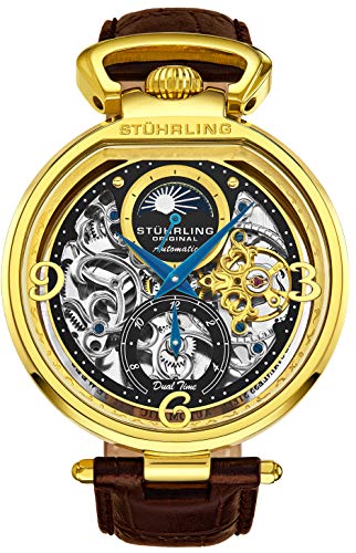 【中古】【未当て嵌める・未開封品】St?hrling 目あたらしい メンズ スケルトン ウォッチ 文字盤 自動小銃一巻き カーフスキンレザーバンド デュアル一時停止 AM/PM サン・お月さま B Gold and