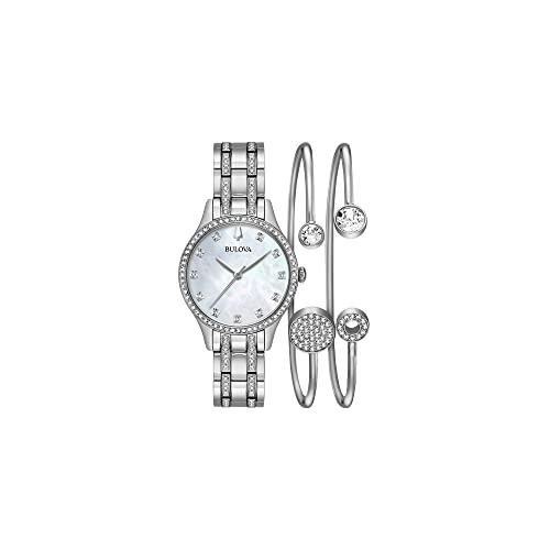 【中古】【未使用・未開封品】Bulova レディース クリスタル ステンレススチール ボックスセット ホワイトマザーオブパール 3針クォーツウォッチ ゴールドトーンクリスタルバ