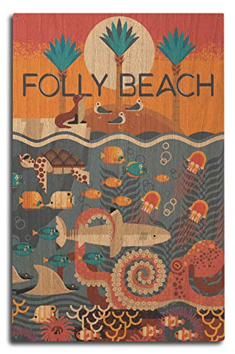 【中古】【未使用・未開封品】サウスカロライナ - Folly Beach - テクスチャード幾何学模様 10 x 15 Wood Sign LANT-85767-10x15W
