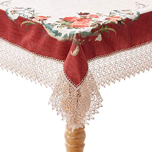 【中古】【未使用・未開封品】Violet Linen 装飾プリント アスコットテーブルクロス レーストリミング付き 70インチ x 105インチ バーガンディ