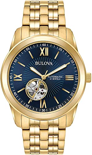 【中古】【未当て嵌める・未開封品】Bulova メンズ ゴールド音の高低 自動小銃ブレスレットウォッチ 青碧文字盤