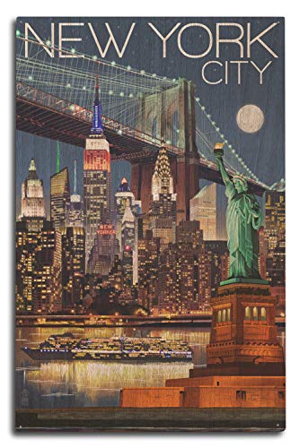 【中古】【未使用・未開封品】New York, 夜のスカイライン 白樺材 ウォールサイン (10x15 素朴なホームデコレーション すぐに掛けられるアート)｜AJIMURA-SHOP