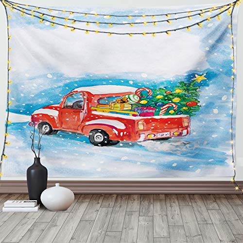 【中古】【未使用・未開封品】Ambesonne クリスマスタペストリー 雪の冬の風景 ヴィンテージレッドトラック 木とギフト付き キャンディケーン 子供用 ファブリック壁掛け装飾