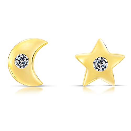 【中古】【未当て嵌める・未開封品】TILO JEWELRY 10K黄色ゴールド 小さな星と月 小さなキュービックジルコニアスタッドイヤリング 螺子釘うしろ側, 黄色ゴールド キュー