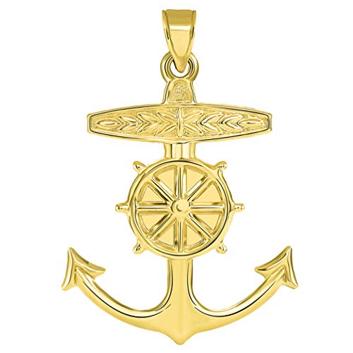【中古】【未使用・未開封品】14K イエローゴールド 3D 船アンカーとホイール 航海ペンダント