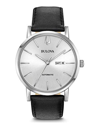 【中古】【未当て嵌める・未開封品】Bulova Men\u0027s Black Leather Band Steel Case Automatic Silver-Tone Dial Analog Watch 96C130