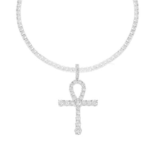 【中古】【未使用・未開封品】Bling Bling NY メンズ ロジウムメッキ シルバー仕上げ ラウンドカット キュービックジルコニア エジプトアンク クロスペンダント 1列のテニスネ