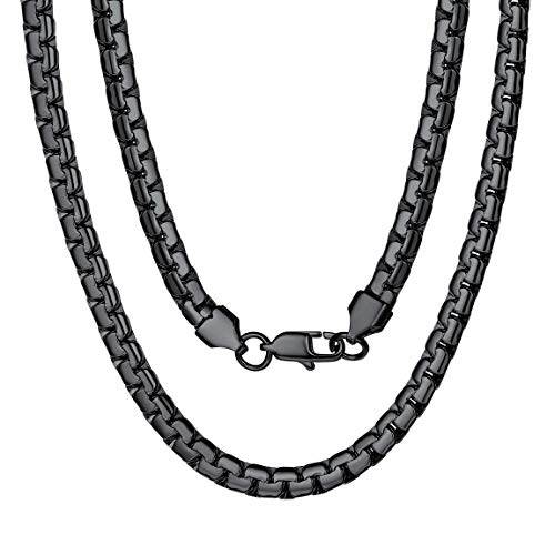 【中古】【未使用・未開封品】ChainsPro 幅4mm / 6mm ラウンドボックスチェーン 18/20/22/24/26/28/30インチ 18Kゴールドメッキ/316Lステンレススチール/ブラック (ギフトボッ