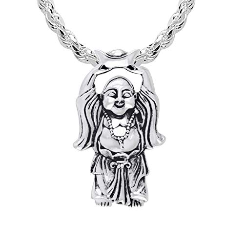 【中古】【未使用・未開封品】US Jewels And Gems Men's 1 1 / 8in 0.925 Sterling Silver Happy Buddha Hotei Buddhism Pendant 3.3mm Rope Necklace、24\