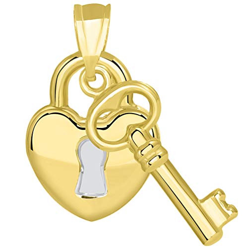 【中古】【未使用・未開封品】14K イエローゴールド 光沢仕上げ ツートーン ハート型ロック&ラブキーペンダント