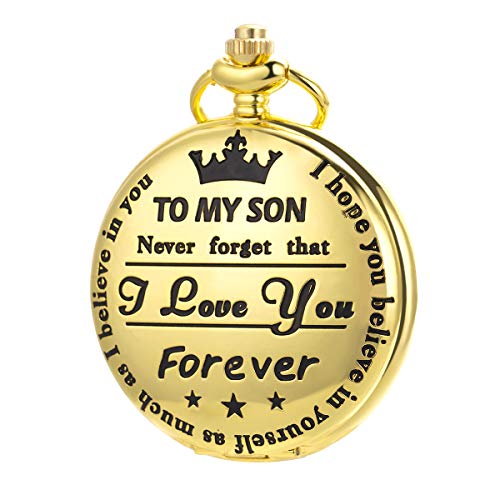 【中古】【未使用・未開封品】SIBOSUN 懐中時計 メンズ フォブクォーツ 息子への刻印 I Love You Mom Dad 父へのクリスマスギフト ゴールド