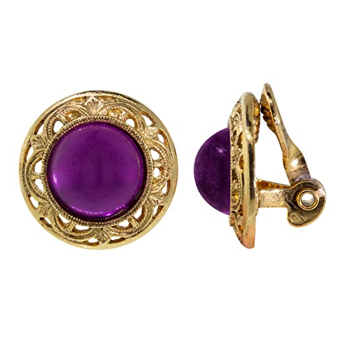 【中古】【未使用・未開封品】1928 Jewelry Women'S Gold Tone Purple Stone Round Button Clip Earrings, Purple, One Size