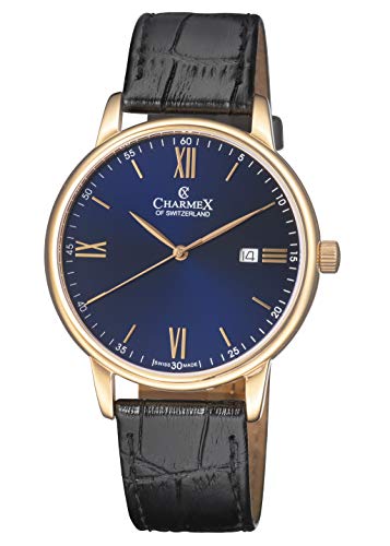 【中古】【未使用・未開封品】Charmex メンズ 'Amalfi' ブラックレザーバンド 42mm ステンレススチールケース スイスクォーツウォッチ ブルー/ローズゴールド。