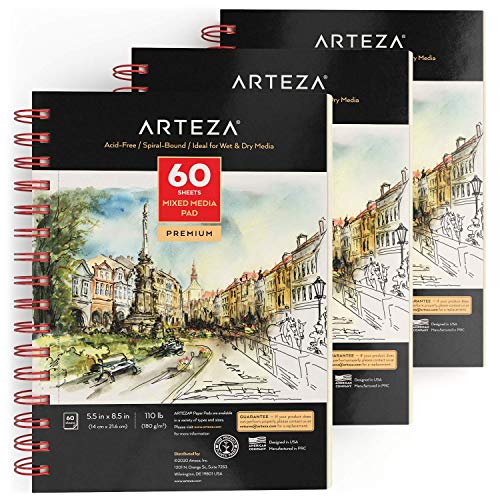 【中古】【未使用・未開封品】Arteza 5.5x8.5インチ ミクストメディアスケッチブック、3冊パック、120枚（1冊60枚）、110lb/180gsm、（無酸性、微穿孔）、らせん綴じパッド、