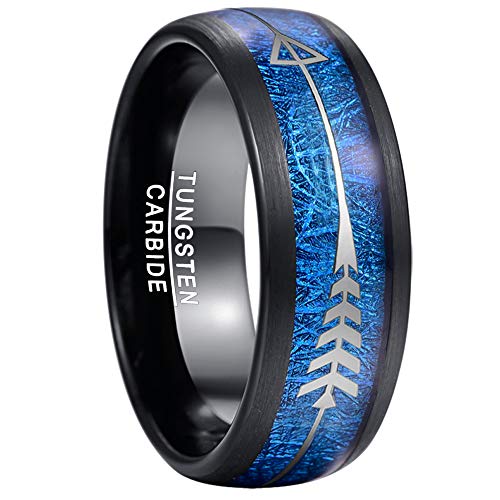 【中古】【未使用・未開封品】NUNCAD メンズ 8mm タングステン 結婚指輪 ブラック 模造隕石と矢の象嵌 ハンティングバンド サイズ7~12 ブラック