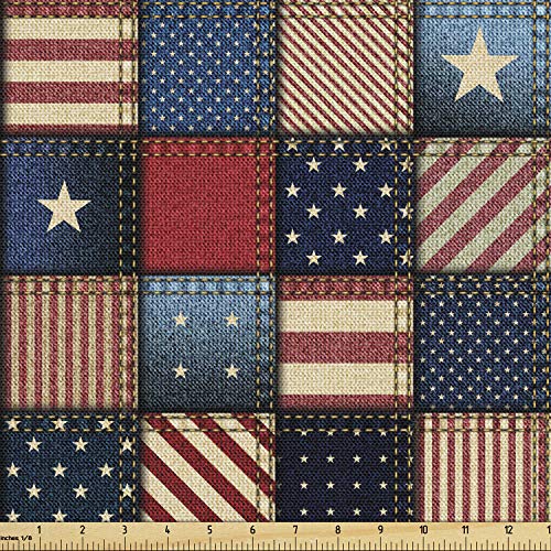【中古】【未使用・未開封品】Lunarable United States Fabric by The Yard, アメリカ国旗 パッチワーク 縦横ストライプ 星形、室内装飾や家のアクセントの装飾用生地、10ヤー