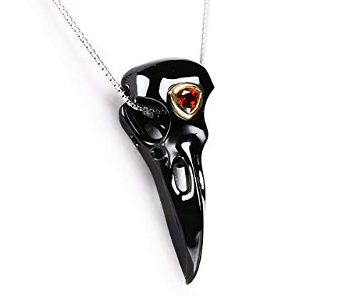 【中古】【未使用・未開封品】黒黒曜石のスカリスネックレスクリスタルレイヴンスカルペンダントガーネット、925スターリングシルバーチェーン、ゴールドオーバースターリング