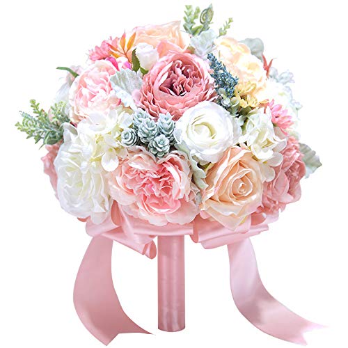 【中古】【未当て嵌める・未開封品】Abbie Home 10in 花嫁御寮胸花 - 人工華燭の典御花 本当の肌ざわり 咲き乱れる薔薇の名取り草のホールディングブーケ 繻子シュロの葉の飾りつけ付