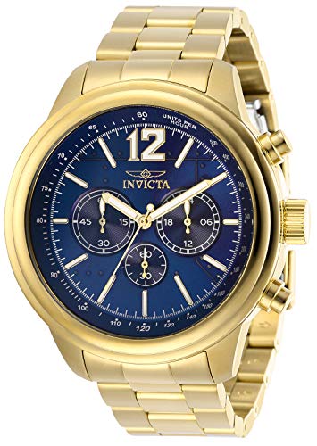【中古】【未当て嵌める・未開封品】Invicta Men\u0027s Aviator Gold-Tone Steel Bracelet \u0026 Case Quartz Blue Dial Analog Watch 28896