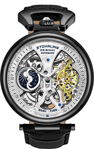 【中古】【未使用・未開封品】St?hrling オリジナル メンズ スケルトン 腕時計 ダイヤル 自動巻き カーフスキンレザーバンド デュアルタイム AM/PM サン・ムーン A Black