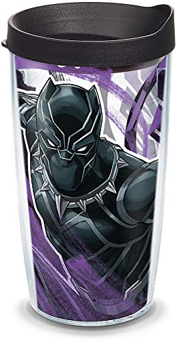 【中古】【未使用・未開封品】Tervis 1319341 マーベルパンサー アイコニック 断熱トラベルタンブラー ラップとブラック蓋付き 16オンス - トリタン、クリア