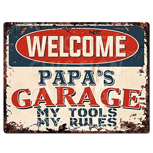 【中古】【未使用・未開封品】Welcome PAPA'S Garage My Tools My Rules ティンシックサイン ヴィンテージ レトロ 素朴 9インチ x 12インチ メタルプレートストア ホームマン