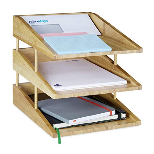 【中古】【未当て嵌める・未開封品】Relaxdaysドキュメントファイリングトレイ 積み重ね能力のある DIN A4置き手紙仕合わせ 執務室 事務机 竹 3段 自然的