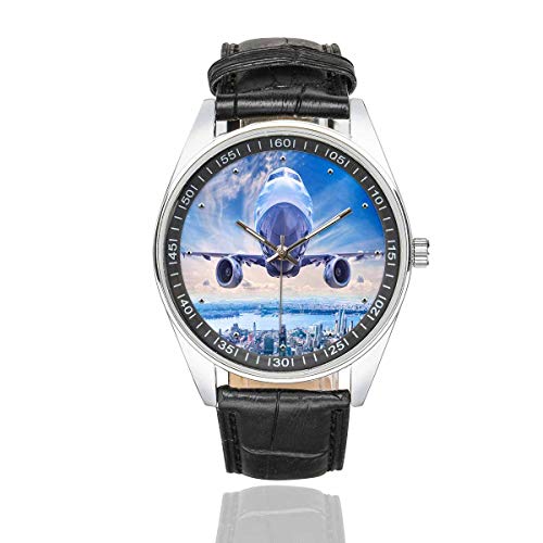 【中古】【未当て嵌める・未開封品】InterestPrint 航空機スカイニューヨークメンズブラックレザーストラップウォッチ 心地好い流行り物ウオッチ