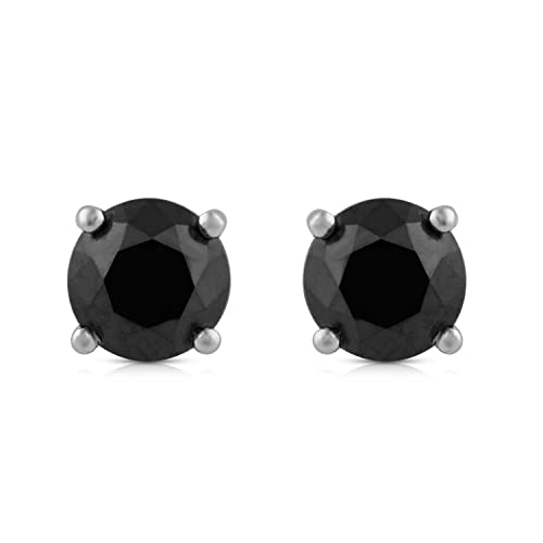 【中古】【未使用・未開封品】Jewelili 10K ホワイトゴールド 1カラット ブラックラウンドダイヤモンド スタッドイヤリング, 金属, ダイヤモンド