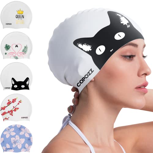 【中古】【未当てはめる・未開封品】COPOZZ スイムキャップ レディース ケイ素樹脂 雨合羽 好いたらしい 水浴び旗がしら ロング髪の毛用 猫刷り上げる (ブラックキャット-12歳+)