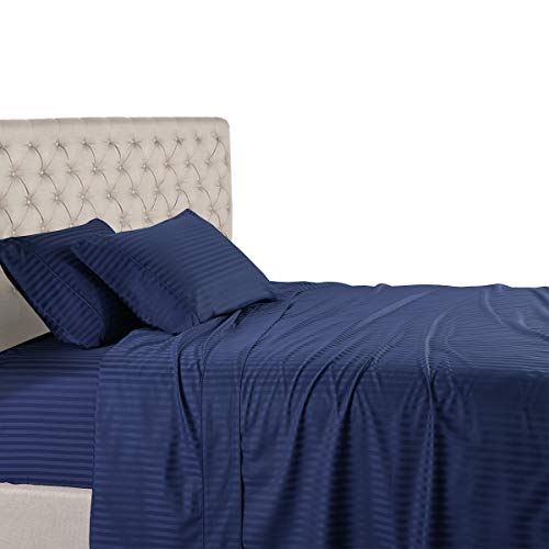 【中古】【未使用・未開封品】Royal Hotel ストライプベッドシーツ、コットン100%、600スレッドカウント、深いポケット Split-Queen ブルー