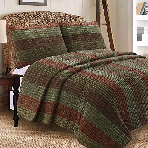 【中古】【未使用・未開封品】Cozy Line Home Fashions Rhett ダークブラウン セージグリーン ボールド ストライプ ベルベット リバーシブル キルト寝具セット ベッドカバー