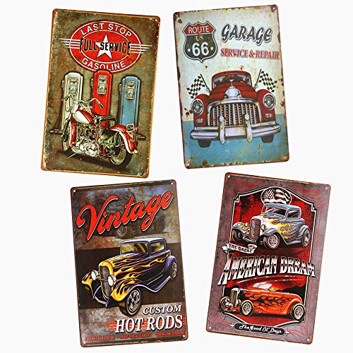 【中古】【未使用・未開封品】Yunuo 4ピース ガレージ ヴィンテージ フルサービス ラスティック ホーム インテリア サイン ビンテージ メタル ブリキ製 サイン (E)