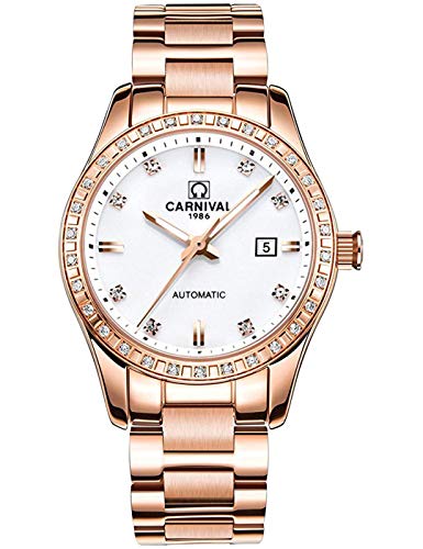 【中古】【未使用・未開封品】Carnival レディース ダイアモンド 自動巻き 機械式 ローズゴールド ステンレススチール サファイア 防水 レディース エレガント ホワイト文字盤|AJIMURA-SHOP
