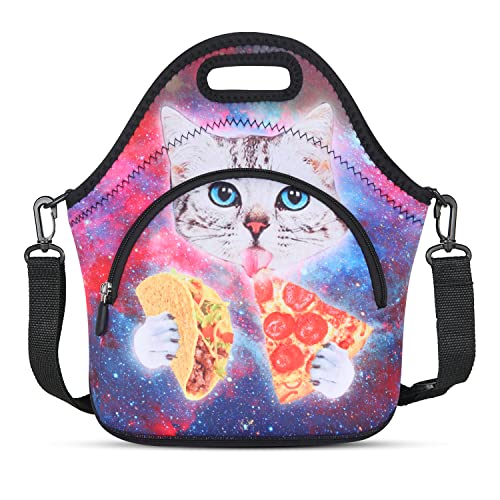 【中古】【未使用・未開封品】Violet Mist Galaxy Cat ネオプレン断熱ランチバッグ ポケットショルダーストラップ付き レディース かわいい ブラック 再利用可能 防水 ランチ