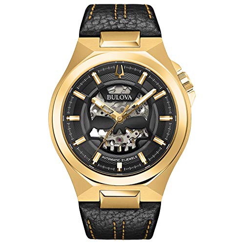 【中古】【未使用・未開封品】Bulova クラシックな自動ステンレススチール、ブラックレザーストラップマキナ、ゴールドトーン(モデル:97A148) ワンサイズ ゴールドトーン|AJIMURA-SHOP